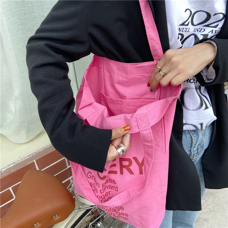 Túi Tote phong cách Hàn Quốc nhiều màu chất liệu canvas in chữ Grocery