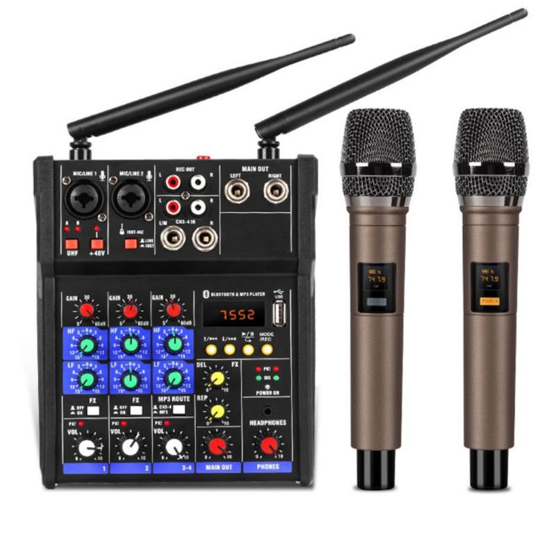 Suondcard Mixer G4 live stream bluetooth màn hình LED có 2 mic không dây tiện cho loa kéo và các loa khác
