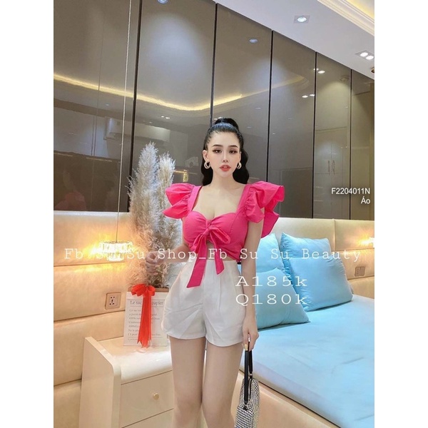 Áo croptop kiểu cột nơ ngực nhún lưng tay cánh tiên a2204