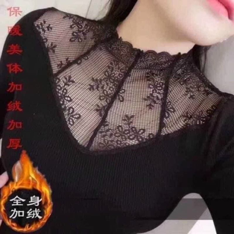 ÁO GIỮ NHIỆT LÓT LÔNG ĐEN CỔ REN