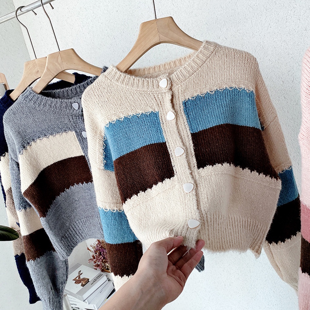 Áo khoác len nữ tay dài kẻ ngang 23Closet kiểu dáng cardigan khoác ngoài dài tay len dệt kim khoác thu đông -ALCR02