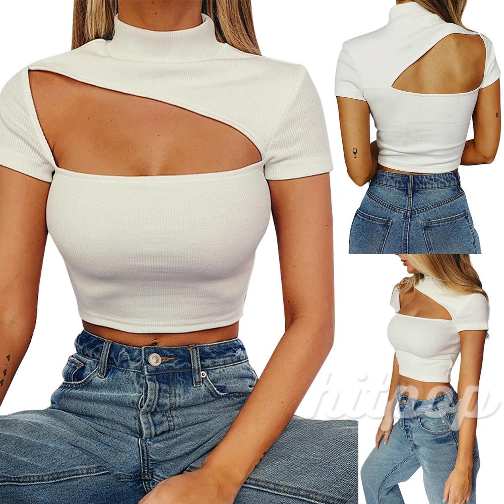 Áo Croptop tay ngắn ôm dáng màu trơn rỗng thời trang