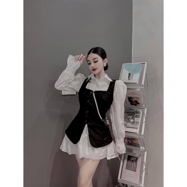 Set 2 món váy sơ mi tay bèo mix yếm gile siêu đẹp