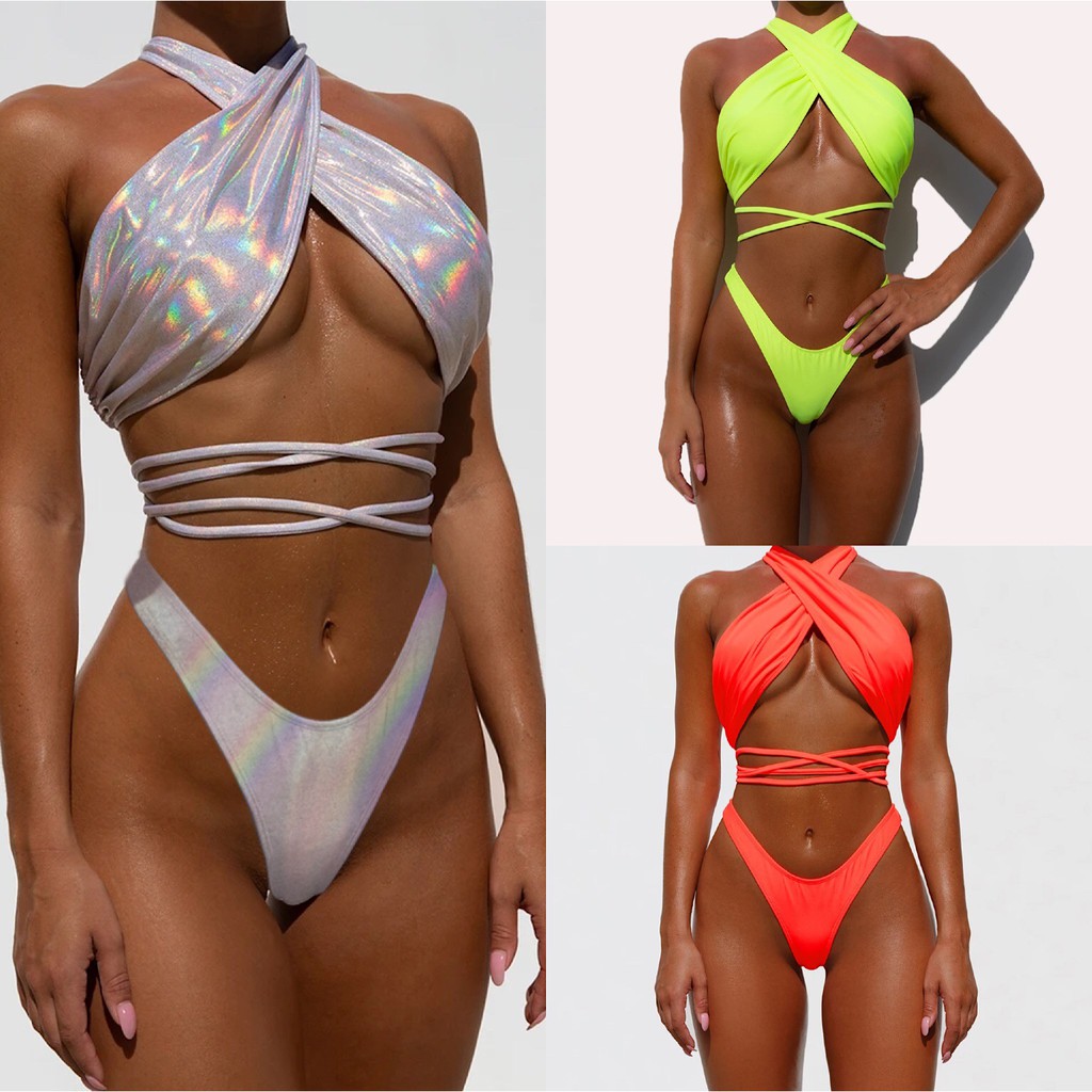 Set bikini phối dây buộc màu neon