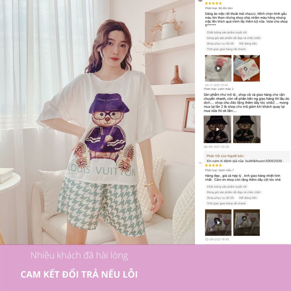 Bộ ngủ lụa EMBEAUTY pyjama, mặc nhà chất lụa mango cao cấp áo cộc quần dài freesize 45-60kg