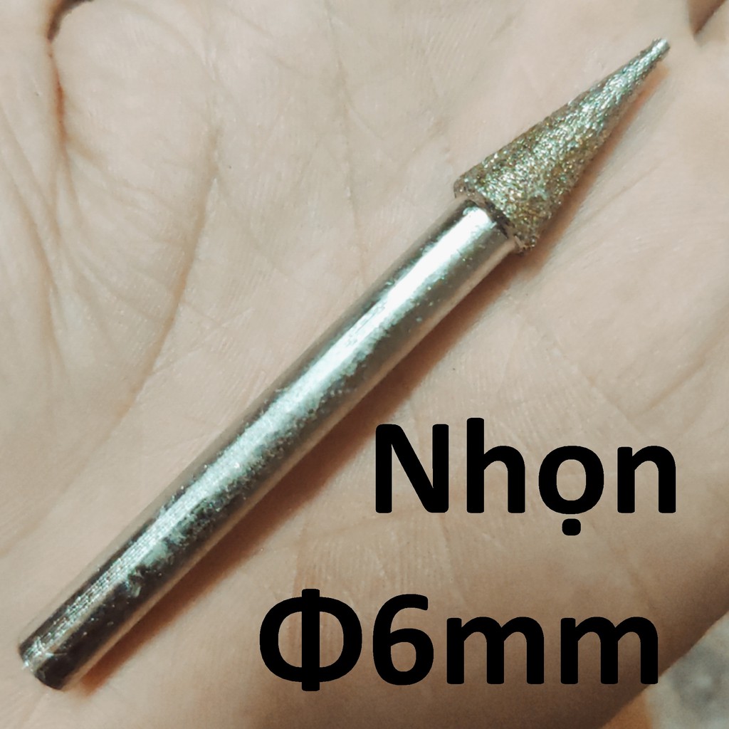 Mũi mài kim cương, mũi mài khắc đá, ngọc, hình nhọn 6mm, cán 6mm