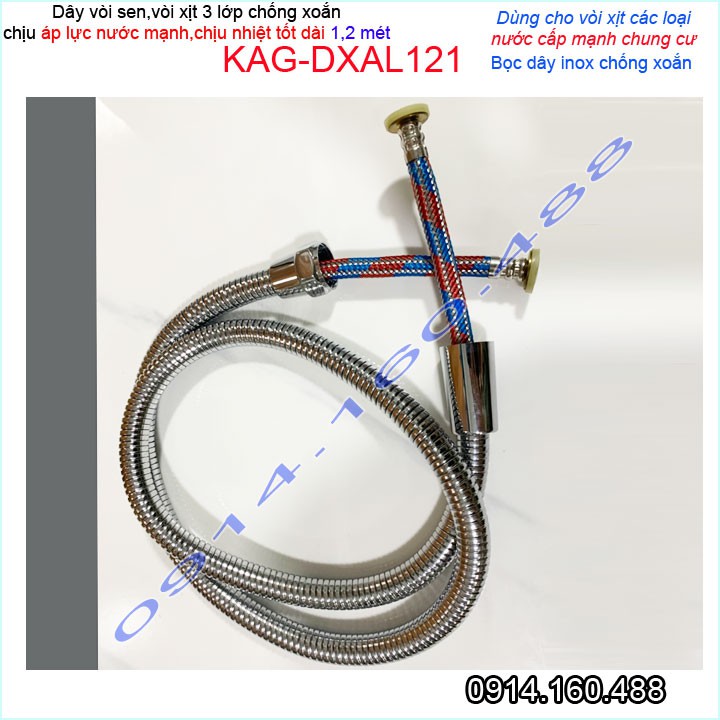 Dây sen chịu nhiệt chịu áp 1.2m KAG-DXAL121, dây vòi xịt dây mềm cấp nước 1.2m giá tốt sử dụng tốt