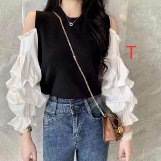 Áo hở vai phối sơ mi