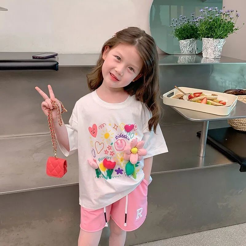 Set Áo Thun Ngắn Tay + Quần Short In Hoa Mới Cho Bé Gái