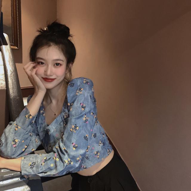 Áo Kiểu Tay Phồng Dài Cổ Vuông Hở Vai In Họa Tiết Hoa Phong Cách Pháp Cổ Điển Thời Trang Cho Nữ