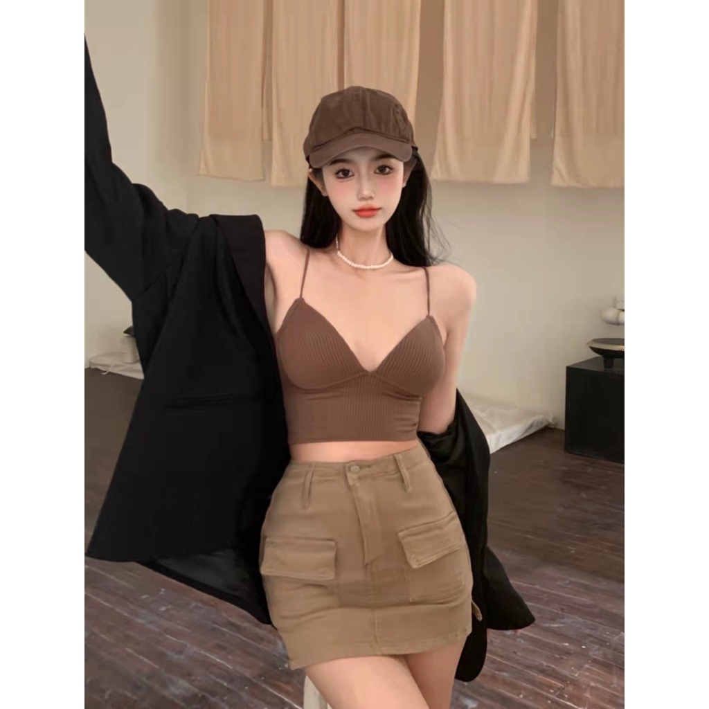 Áo bra - croptop chất thun tăm 2 dây cổ chữ V quyến rũ có mút ngực Cao Cấp