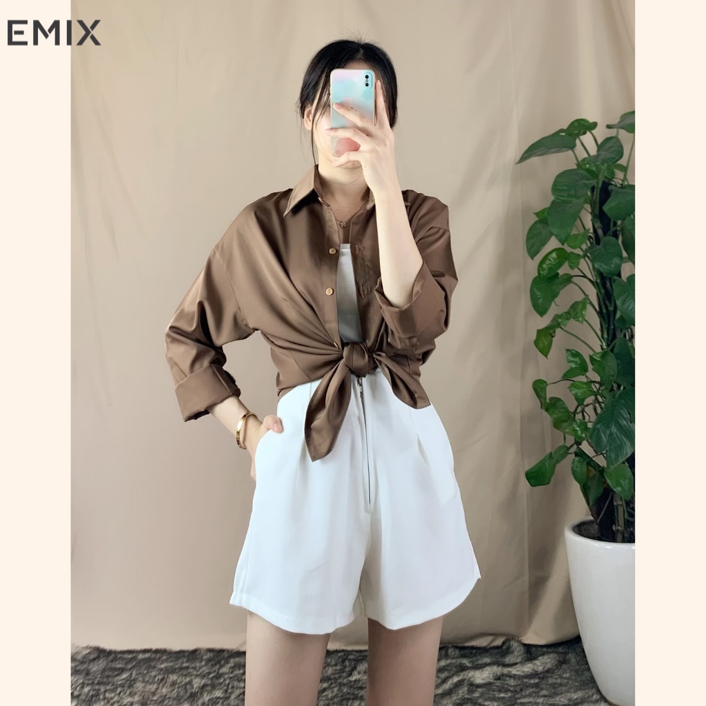 Áo sơ mi nữ form rộng cơ bản EMIX (5 màu), ulzzang, dài tay, vải lụa mềm mại, dày dặn, không nhăn