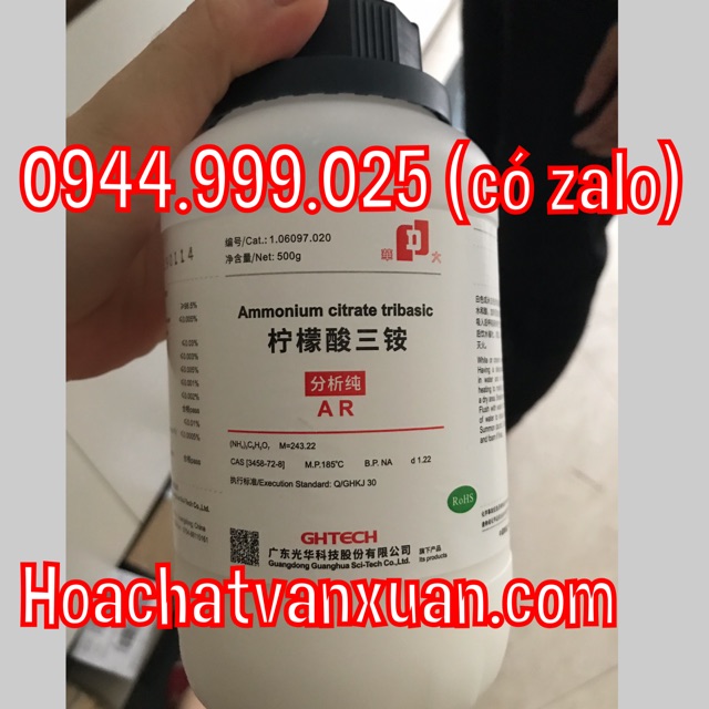 Hóa chất Ammonium citrate tribasic CAS 3458-72-8 (NH4)3C6H5O7 lọ 500g amoni citrat