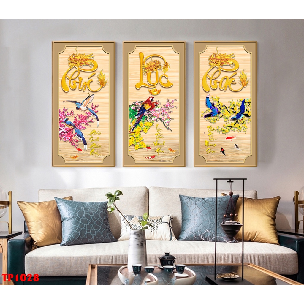 Tranh Phúc Lộc Thọ, Tranh tráng gương in UV 5D Mica bóng mịn No1, tranh treo tường phòng khách decor bền đẹp 40 năm