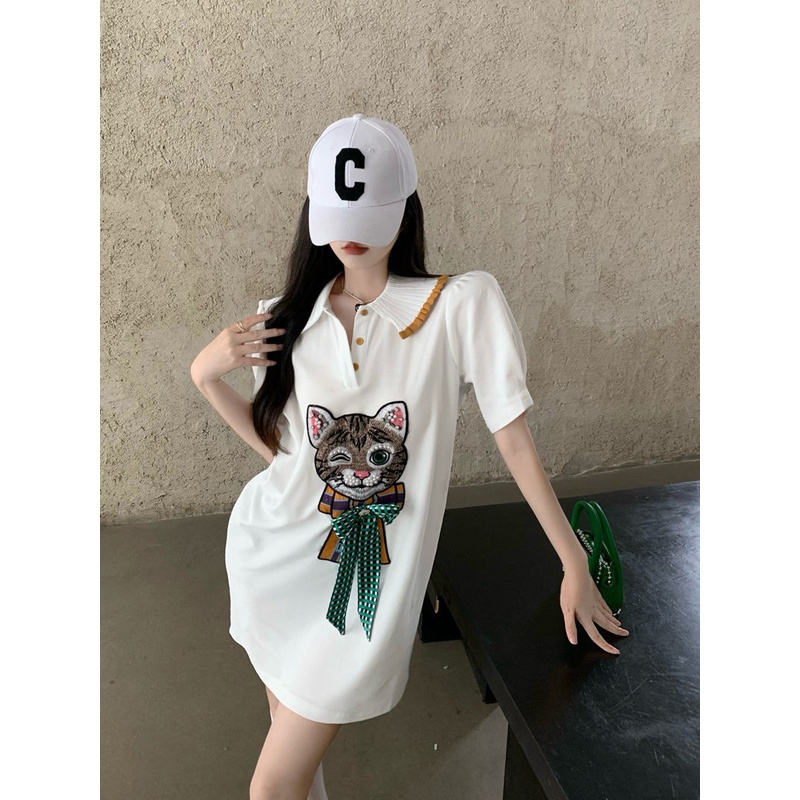 Jiashucheng Áo Thun polo Tay Ngắn Thêu Hình Mèo Thời Trang Mùa Hè Cho Nữ