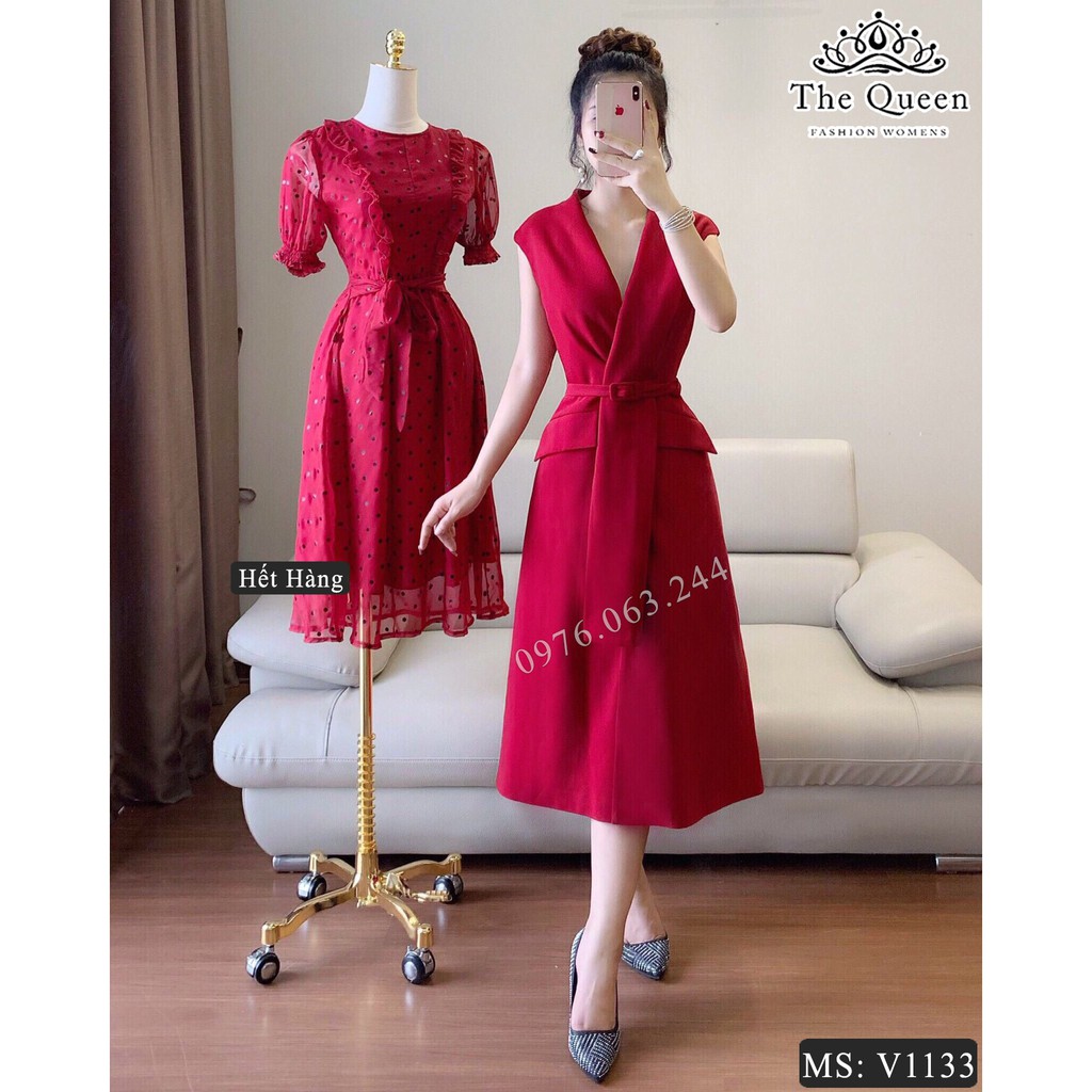 Váy xòe đỏ V1133 cổ vest sát nách - The Queen Fashion - Có kèm hình ảnh chụp thật