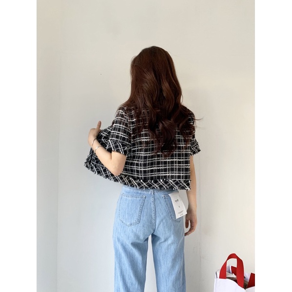 Áo dạ tweed ngắn tay xuân hè hoạ tiết đen trắng kẻ sọc caro áo khoác croptop cổ tròn tua rua cúc