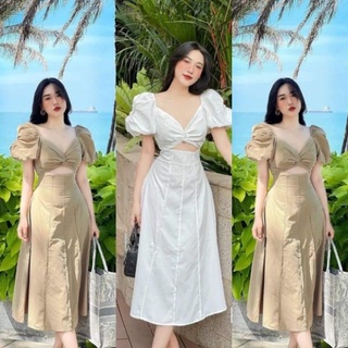 Có Bigsize Đầm Khoet Eo Tay Phồng 2 Màu