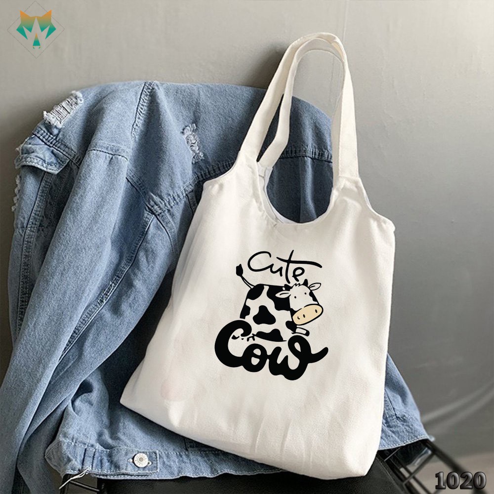 Túi Tote Trắng Chất Vải Canvas 1020 483 Bò Sữa Cute Cow Dễ Thương Hàng Chuẩn Đẹp - Hazo