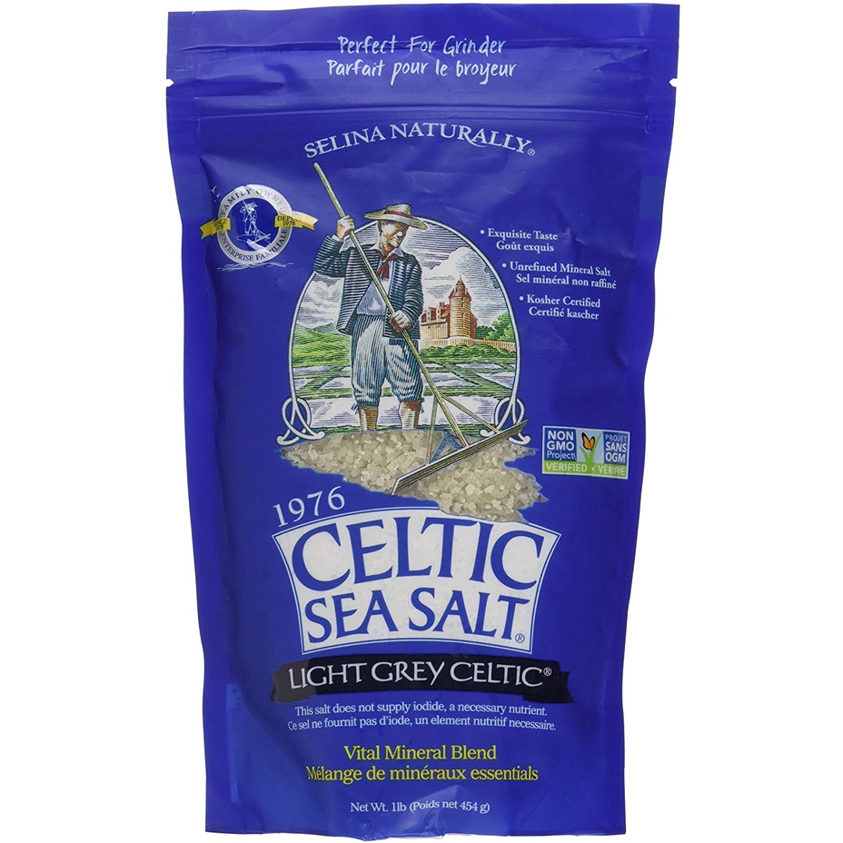 MUỐI BIỂN HẠT NHỎ GIÀU KHOÁNG CHẤT &amp; CHUẨN SẠCH Non-GMO, Light Grey Celtic Sea Salt, Gluten-Free, 454g (1lb)