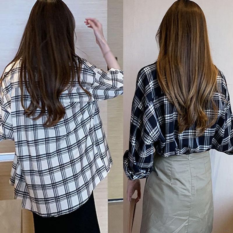 Áo sơ mi tay dài dáng rộng in họa tiết caro thời trang Hàn Quốc cổ điển