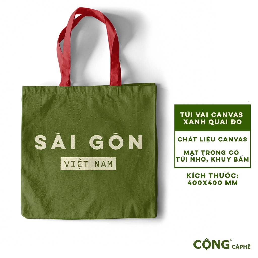 Túi vải canvas Cộng Cà Phê xanh quai đỏ