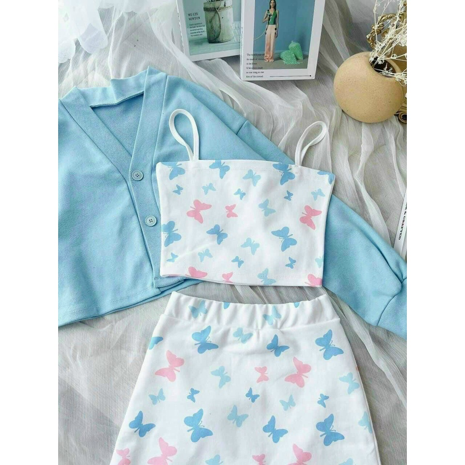 set 3 món áo khoác kèm set áo 2 dây chân váy hình bướm