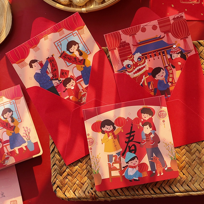 CNY Set 6 Thiệp Chúc Mừng Năm Mới Màu Đỏ Phong Cách Trung Hoa Kèm Bao Lì Xì