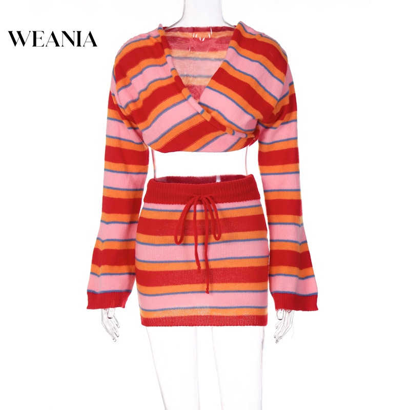 Bộ Áo Sweater Dệt Kim Kẻ Sọc Phối Chân Váy 2 Món Thời Trang Cho Nữ