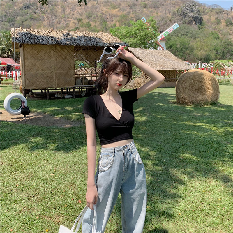 Áo Croptop Ngắn Tay Cổ Chữ V Quyến Rũ Thời Trang Cho Nữ