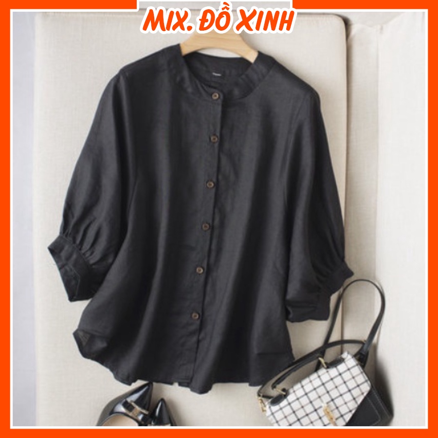 Áo sơ mi đũi nữ tay lỡ cổ tròn Thu Hà form rộng bigsize che khuyết điểm mặc đi làm đi chơi đều phù hợp SMH.34