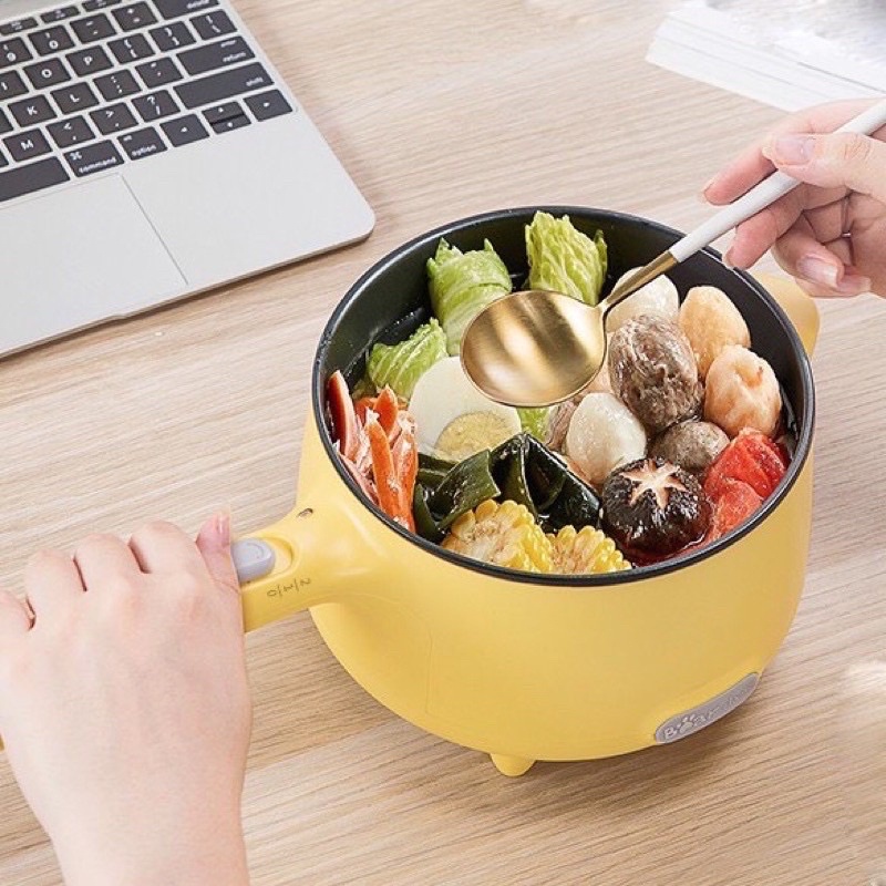 Nồi điện mini đa năng, ca nấu mỳ, chiên xào lẩu hấp Bear màu vàng,  bảo hành 1 năm.
