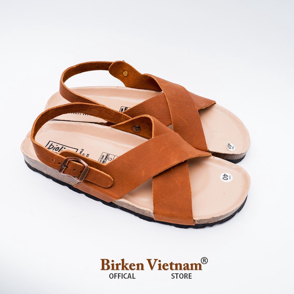 [ Lót Chống Nước ] DK11 - Sandal Birken Đế Trấu Thiết Kế Unisex Nam và Nữ Quai Dép Da Bò đan chéo chữ X Bioline Vitenam