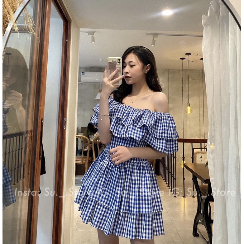 (XẢ HÀNG) Váy trễ vai kẻ xếp tầng tiểu thư bánh bèo quảng châu