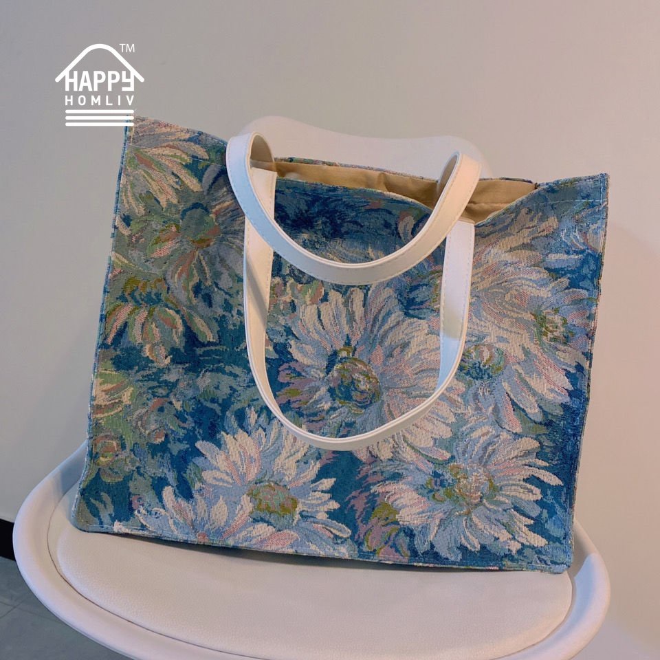 HAPPY HOMLIV Túi Tote Canvas A4 Sức Chứa Lớn Đựng Được Máy Tính In Họa Tiết Tranh Sơn Dầu Chất Lượng Cao 17-Inch Phong Cách Retro Pháp Cho Nữ Sinh