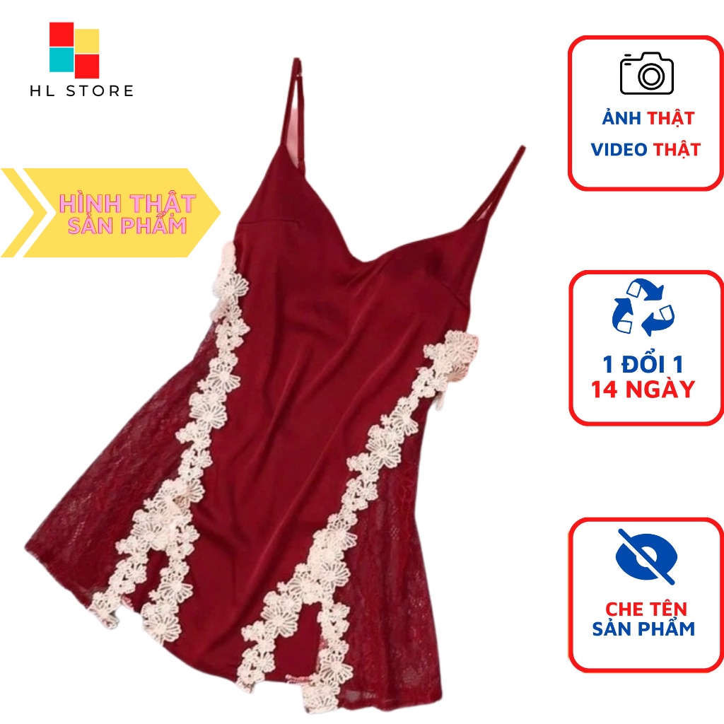 Váy ngủ sexy 2 dây xẻ đùi phối ren eo Hải Lan Store, vải lụa satin, kèm quần đùi, freesize 40-65kg tùy chiều cao