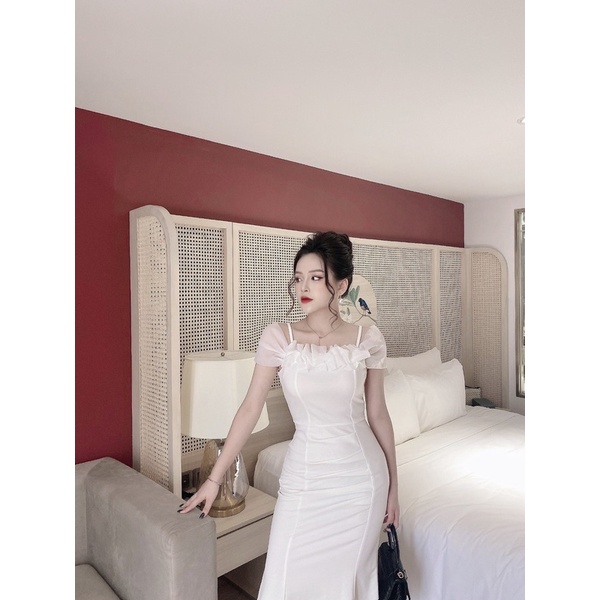 Đầm dự tiệc cưới dáng dài cao cấp thiết kế tay ngắn cổ vuông, váy ôm body co giãn màu đỏ đen trắng vàng