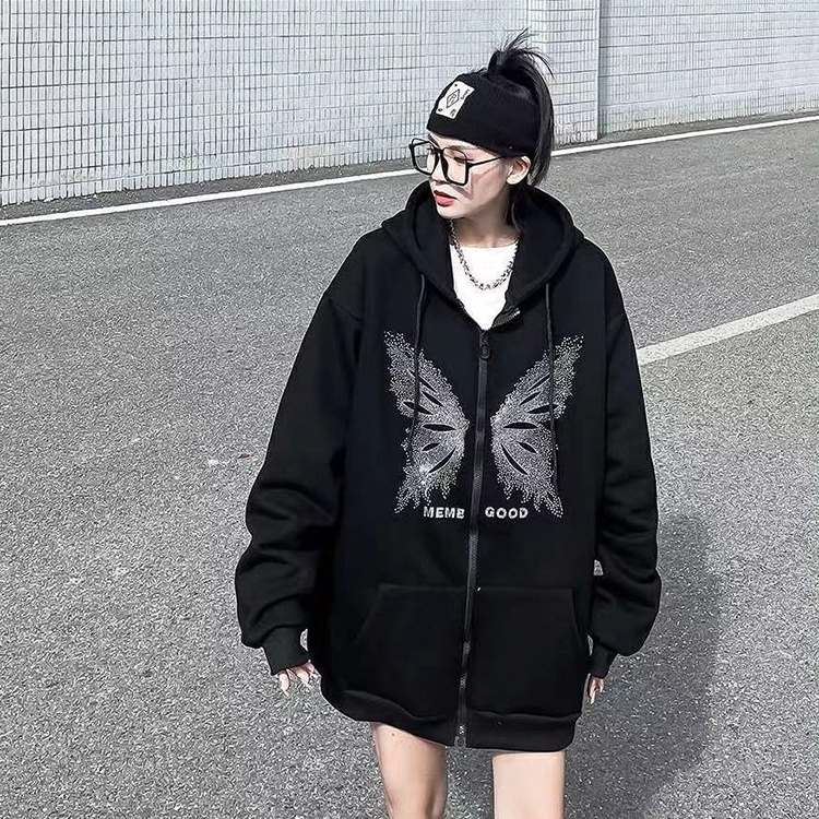IELGY    Áo Khoác Hoodie Dáng Rộng Có Khóa Kéo In Họa Tiết Bướm Phong Cách Hàn Quốc Cho Nữ