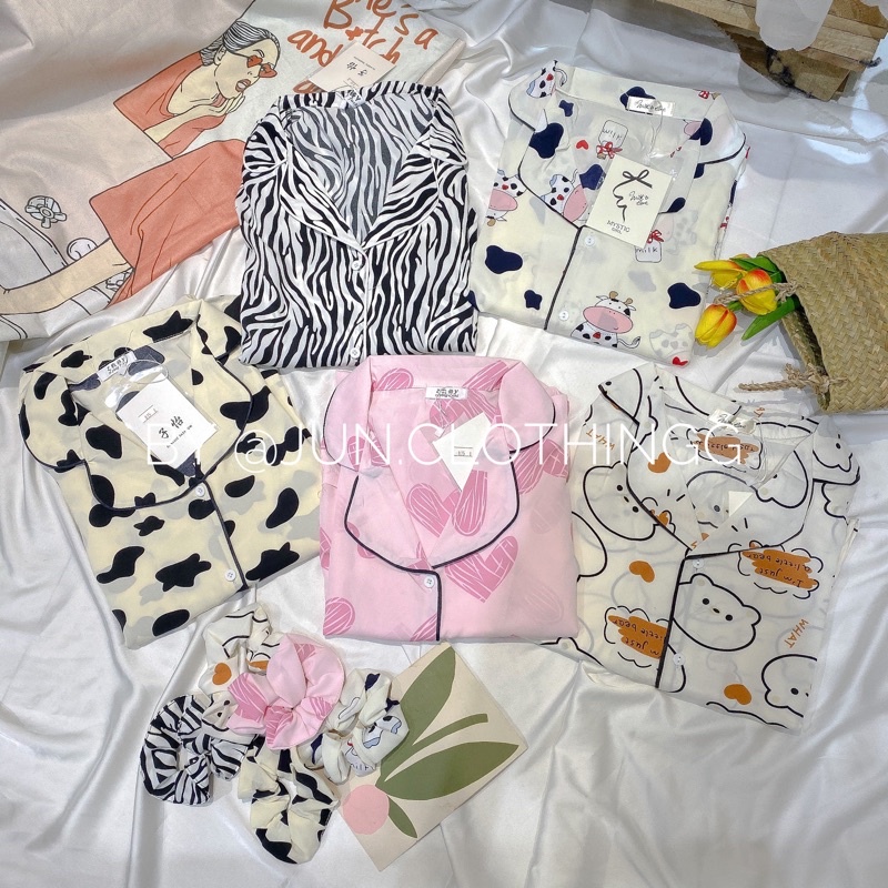 Set Bộ ngủ PIJAMA cộc tay - quần đùi TẶNG kèm dây buộc tóc dễ thương