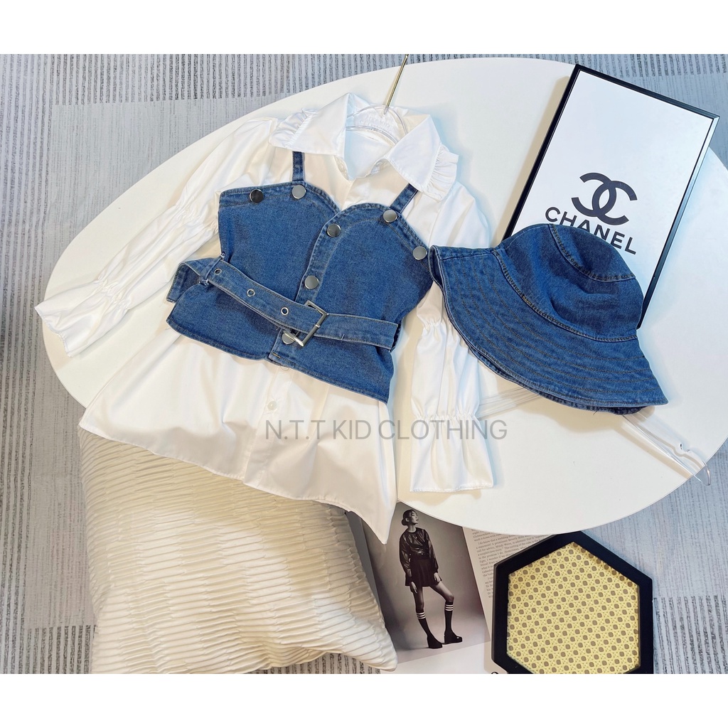Váy cho bé gái, set 4ct: váy sơ mi, yếm jean, đai và mũ vành siêu chảnh cho bé size 10-32kg