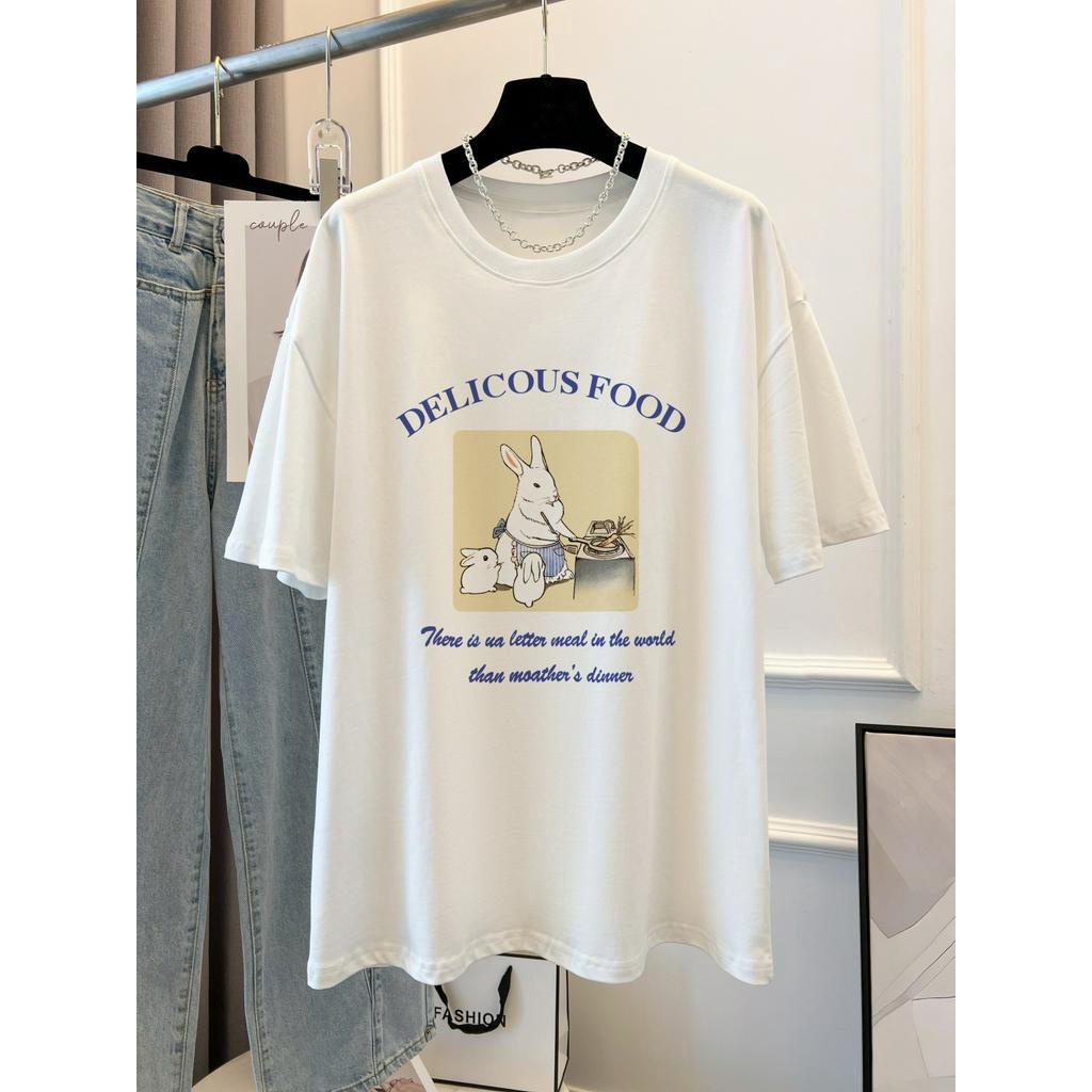 Áo Thun Cotton Dáng Rộng Ngắn Tay In Hình Thỏ Thời Trang Mùa Hè Hàn Quốc 63574