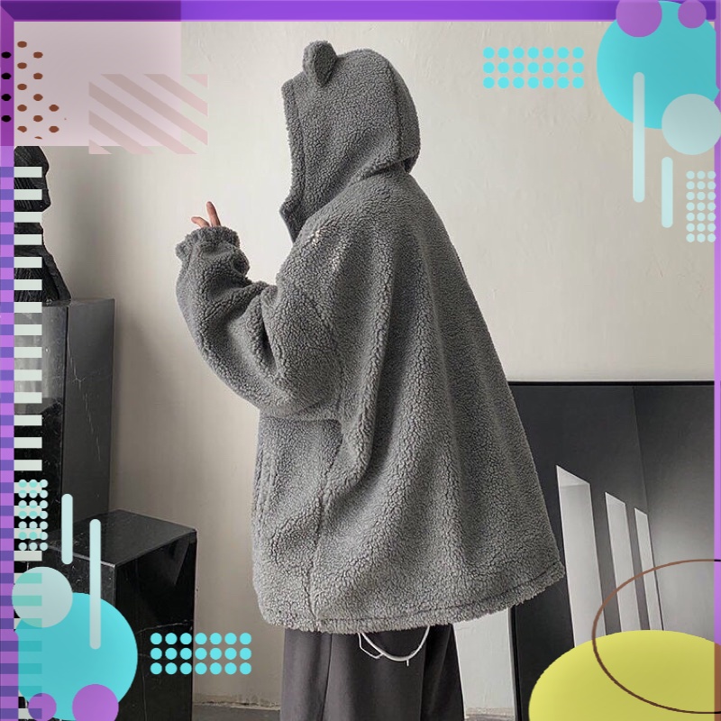 Áo Khoác Unisex Lông Tai Gấu Logo Ngực dưới 70kg - Dáng Rộng Khóa Kéo, MÃ G083