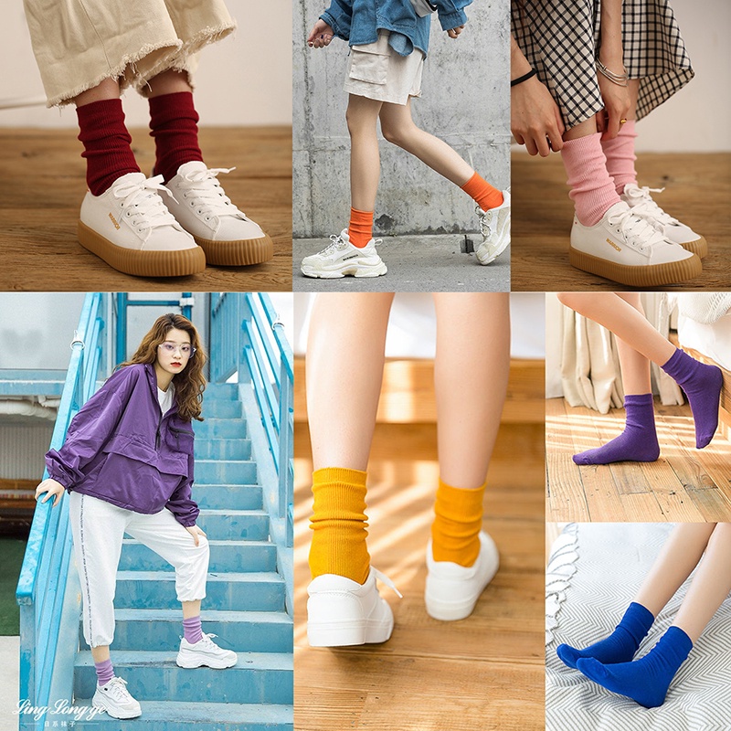 Tất nữ nhún cổ cao phong cách vintage hàn quốc vớ nữ nhún cổ cao nhiều màu
