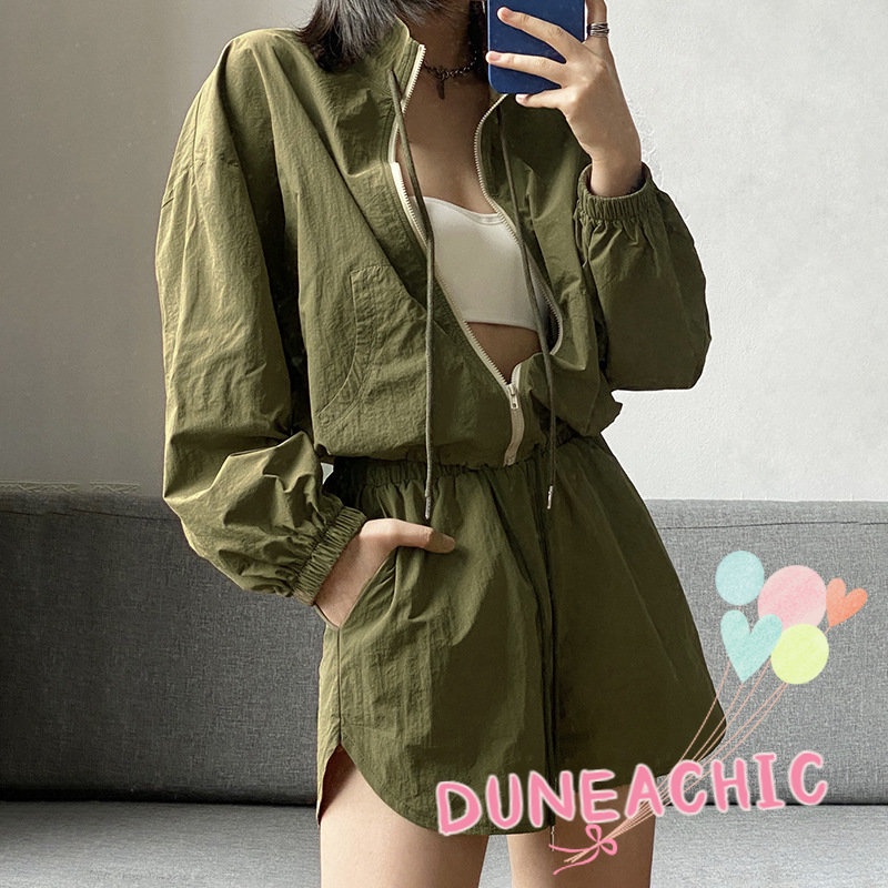DUNEA Áo Khoác Cardigan Tay Dài &amp; Quần Short Nữ Màu Trơn