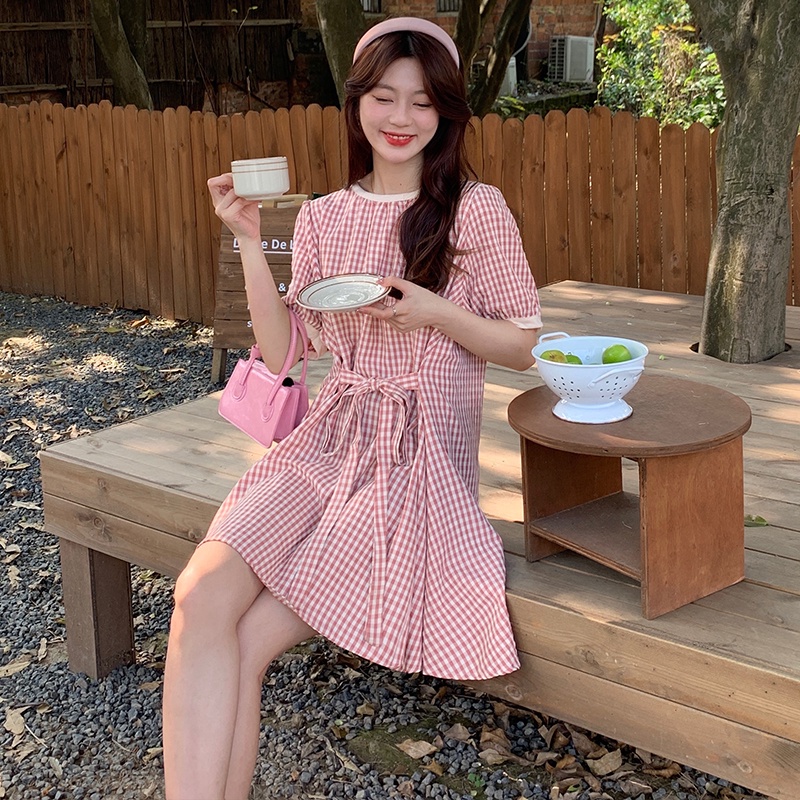 Đầm chữ A SUXI ngắn tay cổ tròn kẻ sọc caro phong cách Hàn Quốc thời trang hè cho nữ