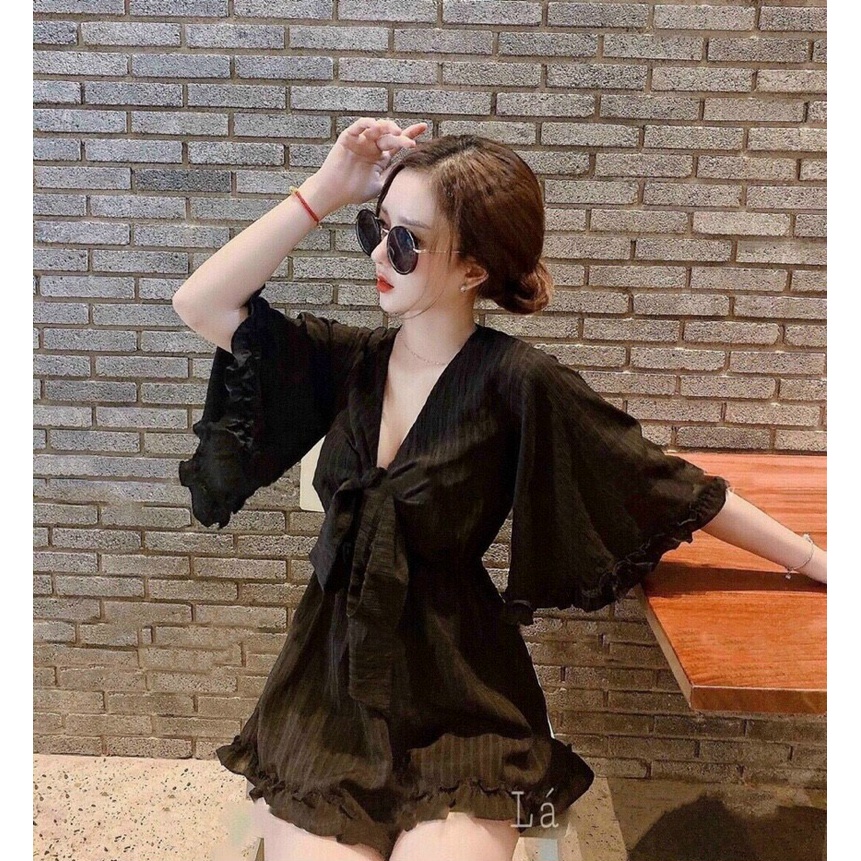 Jum đùi bèo cổ v tay loe cột nơ ngực thắt eo , jum đầm loe dáng ngắn đi chơi, đi biển xinh xắn