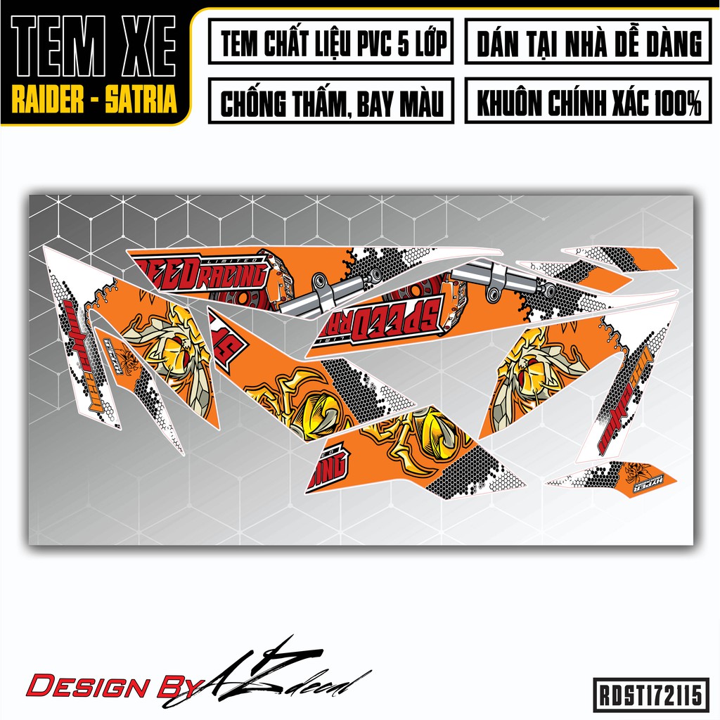 Tem Xe Suzuki Raider - Satria Speed Racing | RDST172115 | Decal PVC Chống Nước, Màu Đỏ Đen, Xanh Đen, Cam Trắng