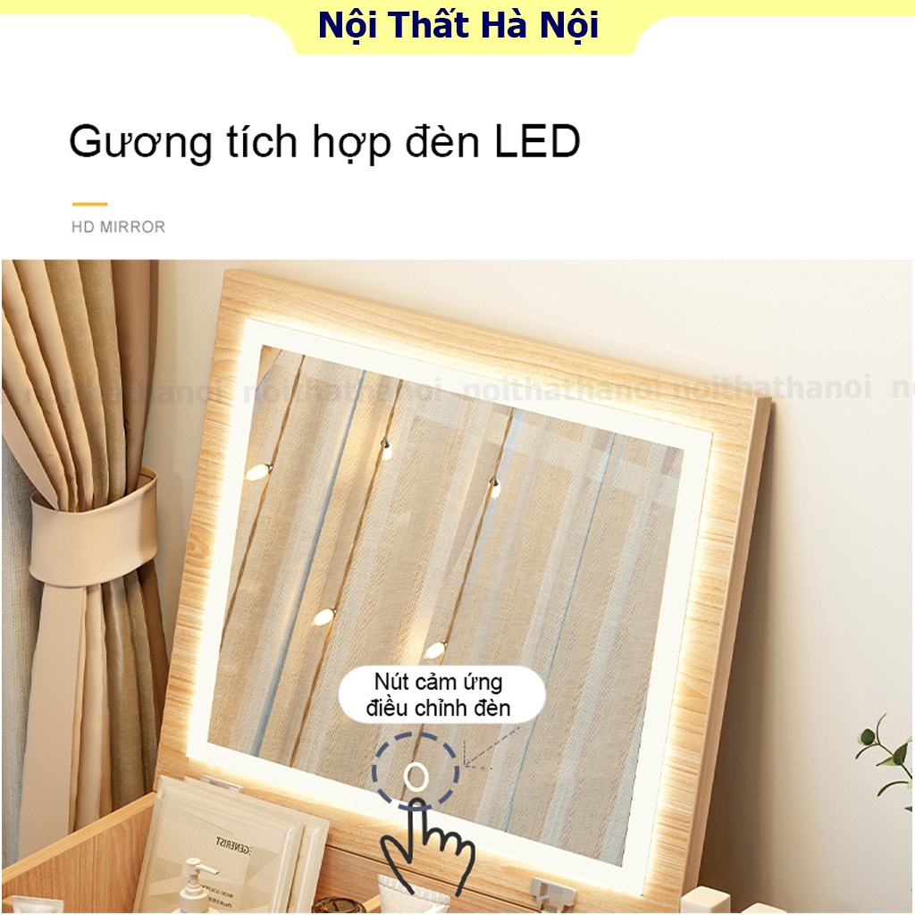 Bàn trang điểm bệt, bàn phấn tích hợp đèn LED có nút cảm ứng thông minh, hộc tủ chứa đồ phù hợp cho không gian hẹp