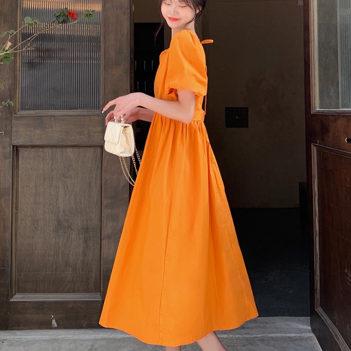 Đầm midi SUXI cổ vuông tay ngắn phồng hở lưng thời trang mùa hè dành cho nữ