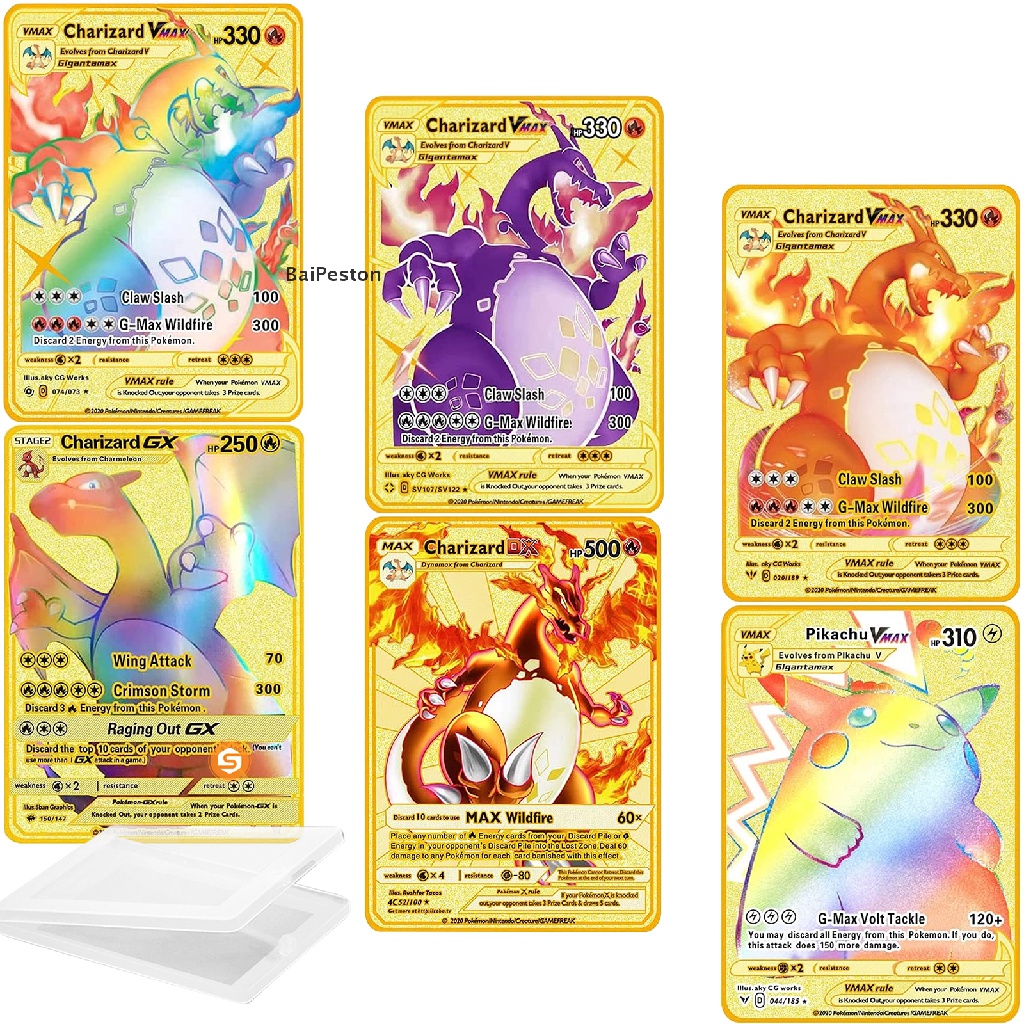 Thẻ Kim Loại Mạ Vàng Charizard Vmax Charizard Vmax DX GX ♨Nóng Bỏng
